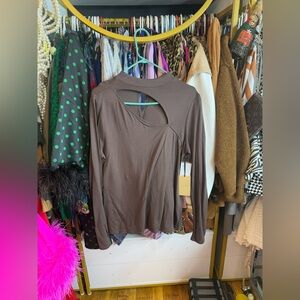 Halogen Brown Asymmetric Cut-Out Long Sleeve Top